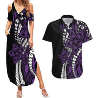 Polynesian Plumeria Floral Tattoo Pattern Couples Matching Summer Maxi Dress and Hawaiian Shirt Purple Style LT9 Purple - Polynesian Pride