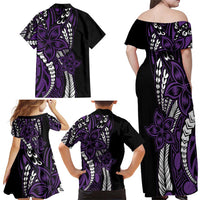 Polynesian Plumeria Floral Tattoo Pattern Family Matching Off Shoulder Maxi Dress and Hawaiian Shirt Purple Style LT9 - Polynesian Pride