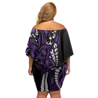 Polynesian Plumeria Floral Tattoo Pattern Family Matching Off Shoulder Short Dress and Hawaiian Shirt Purple Style LT9 - Polynesian Pride
