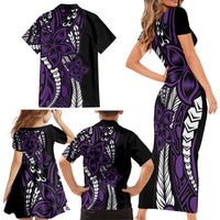 Polynesian Plumeria Floral Tattoo Pattern Family Matching Short Sleeve Bodycon Dress and Hawaiian Shirt Purple Style LT9 - Polynesian Pride
