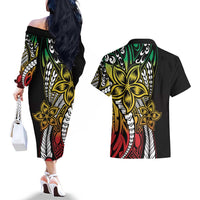 Polynesian Plumeria Floral Tattoo Pattern Couples Matching Off The Shoulder Long Sleeve Dress and Hawaiian Shirt Reggae Style LT9 - Polynesian Pride