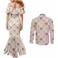 Hawaiian Palaka Quilt Pattern Couples Matching Mermaid Dress and Long Sleeve Button Shirt Hawaii Culture Bird of Paradise Exotic Motif - Polynesian Pride
