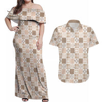 Hawaiian Palaka Quilt Pattern Couples Matching Off Shoulder Maxi Dress and Hawaiian Shirt Hawaii Culture Bird of Paradise Exotic Motif - Polynesian Pride
