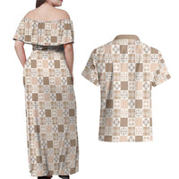 Hawaiian Palaka Quilt Pattern Couples Matching Off Shoulder Maxi Dress and Hawaiian Shirt Hawaii Culture Bird of Paradise Exotic Motif - Polynesian Pride