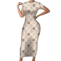 Hawaiian Palaka Quilt Pattern Family Matching Short Sleeve Bodycon Dress and Hawaiian Shirt Hawaii Culture Bird of Paradise Exotic Motif LT9 Mom's Dress Beige - Polynesian Pride