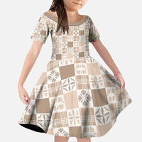 Hawaiian Palaka Quilt Pattern Family Matching Summer Maxi Dress and Hawaiian Shirt Hawaii Culture Bird of Paradise Exotic Motif LT9 Daughter's Dress Beige - Polynesian Pride
