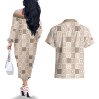 Hawaiian Palaka Quilt Pattern Couples Matching Off The Shoulder Long Sleeve Dress and Hawaiian Shirt Hawaii Culture Honu Turtle LT9 - Polynesian Pride