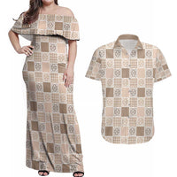 Hawaiian Palaka Quilt Pattern Couples Matching Off Shoulder Maxi Dress and Hawaiian Shirt Hawaii Culture Tropical Flowers Mix LT9 Beige - Polynesian Pride