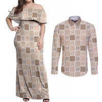 Hawaiian Palaka Quilt Pattern Couples Matching Off Shoulder Maxi Dress and Long Sleeve Button Shirt Hawaii Culture Tropical Flowers Mix LT9 Beige - Polynesian Pride