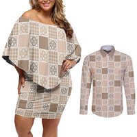 Hawaiian Palaka Quilt Pattern Couples Matching Off Shoulder Short Dress and Long Sleeve Button Shirt Hawaii Culture Tropical Flowers Mix LT9 Beige - Polynesian Pride
