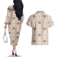 Hawaiian Palaka Quilt Pattern Couples Matching Off The Shoulder Long Sleeve Dress and Hawaiian Shirt Hawaii Culture Tropical Flowers Mix LT9 - Polynesian Pride