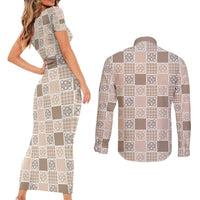 Hawaiian Palaka Quilt Pattern Couples Matching Short Sleeve Bodycon Dress and Long Sleeve Button Shirt Hawaii Culture Tropical Flowers Mix LT9 - Polynesian Pride