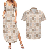 Hawaiian Palaka Quilt Pattern Couples Matching Summer Maxi Dress and Hawaiian Shirt Hawaii Culture Tropical Flowers Mix LT9 Beige - Polynesian Pride