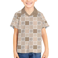 Hawaiian Palaka Quilt Pattern Family Matching Long Sleeve Bodycon Dress and Hawaiian Shirt Hawaii Culture Tropical Flowers Mix LT9 Son's Shirt Beige - Polynesian Pride