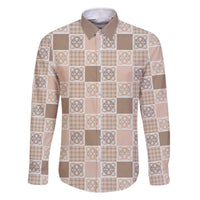Hawaiian Palaka Quilt Pattern Family Matching Off The Shoulder Long Sleeve Dress and Hawaiian Shirt Hawaii Culture Tropical Flowers Mix LT9 Dad's Shirt - Long Sleeve Beige - Polynesian Pride