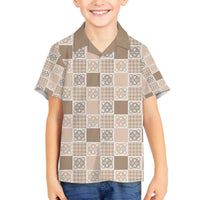 Hawaiian Palaka Quilt Pattern Family Matching Off The Shoulder Long Sleeve Dress and Hawaiian Shirt Hawaii Culture Tropical Flowers Mix LT9 Son's Shirt Beige - Polynesian Pride