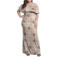 Hawaiian Palaka Quilt Pattern Family Matching Off Shoulder Maxi Dress and Hawaiian Shirt Hawaii Culture Tropical Flowers Mix LT9 Mom's Dress Beige - Polynesian Pride
