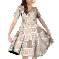 Hawaiian Palaka Quilt Pattern Family Matching Off Shoulder Short Dress and Hawaiian Shirt Hawaii Culture Tropical Flowers Mix LT9 Daughter's Dress Beige - Polynesian Pride