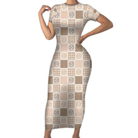 Hawaiian Palaka Quilt Pattern Family Matching Short Sleeve Bodycon Dress and Hawaiian Shirt Hawaii Culture Tropical Flowers Mix LT9 Mom's Dress Beige - Polynesian Pride