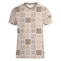 Hawaiian Palaka Quilt Pattern Women V-Neck T-Shirt Hawaii Culture Tropical Flowers Mix LT9 Female Beige - Polynesian Pride