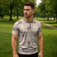 Hawaiian Palaka Quilt Pattern Zipper Polo Shirt Hawaii Culture Tropical Flowers Mix - Polynesian Pride