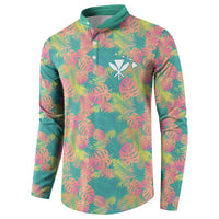 Seamless Hawaiian Quilt Pattern Button Sweatshirt Hawaii Culture Palm Leaf Tropical - Polynesian Pride