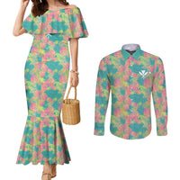 Personalised Seamless Hawaiian Quilt Pattern Couples Matching Mermaid Dress and Long Sleeve Button Shirt Hawaii Culture Palm Leaf Tropical LT9 Beige - Polynesian Pride
