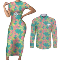 Personalised Seamless Hawaiian Quilt Pattern Couples Matching Short Sleeve Bodycon Dress and Long Sleeve Button Shirt Hawaii Culture Palm Leaf Tropical LT9 Beige - Polynesian Pride