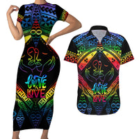 Tonga LGBT Couples Matching Short Sleeve Bodycon Dress and Hawaiian Shirt Love Is Love Ngatu Rainbow Water Color LT9 Black - Polynesian Pride