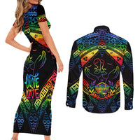 Tonga LGBT Couples Matching Short Sleeve Bodycon Dress and Long Sleeve Button Shirts Love Is Love Ngatu Rainbow Water Color LT9 - Polynesian Pride