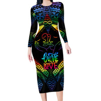 Tonga LGBT Long Sleeve Bodycon Dress Love Is Love Ngatu Rainbow Water Color LT9 Long Dress Black - Polynesian Pride