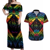 Personalised Tonga LGBT Couples Matching Off Shoulder Maxi Dress and Hawaiian Shirt Love Is Love Ngatu Rainbow Water Color LT9 Black - Polynesian Pride