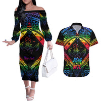 Personalised Tonga LGBT Couples Matching Off The Shoulder Long Sleeve Dress and Hawaiian Shirt Love Is Love Ngatu Rainbow Water Color LT9 Black - Polynesian Pride