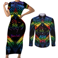 Personalised Tonga LGBT Couples Matching Short Sleeve Bodycon Dress and Long Sleeve Button Shirts Love Is Love Ngatu Rainbow Water Color LT9 Black - Polynesian Pride