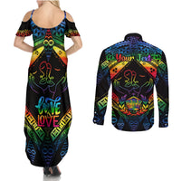 Personalised Tonga LGBT Couples Matching Summer Maxi Dress and Long Sleeve Button Shirts Love Is Love Ngatu Rainbow Water Color LT9 - Polynesian Pride
