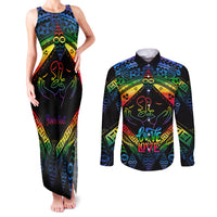 Personalised Tonga LGBT Couples Matching Tank Maxi Dress and Long Sleeve Button Shirts Love Is Love Ngatu Rainbow Water Color LT9 Black - Polynesian Pride