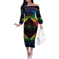 Personalised Tonga LGBT Off The Shoulder Long Sleeve Dress Love Is Love Ngatu Rainbow Water Color LT9 Women Black - Polynesian Pride