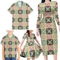 Seamless Pattern Maile and Pikake Lei Family Matching Long Sleeve Bodycon Dress and Hawaiian Shirt Squares Maile Leaf LT9 - Polynesian Pride