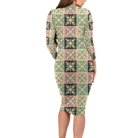 Seamless Pattern Maile and Pikake Lei Family Matching Long Sleeve Bodycon Dress and Hawaiian Shirt Squares Maile Leaf LT9 - Polynesian Pride