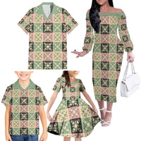 Seamless Pattern Maile and Pikake Lei Family Matching Off The Shoulder Long Sleeve Dress and Hawaiian Shirt Squares Maile Leaf LT9 - Polynesian Pride