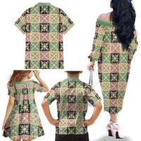 Seamless Pattern Maile and Pikake Lei Family Matching Off The Shoulder Long Sleeve Dress and Hawaiian Shirt Squares Maile Leaf LT9 - Polynesian Pride