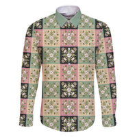 Seamless Pattern Maile and Pikake Lei Family Matching Off The Shoulder Long Sleeve Dress and Hawaiian Shirt Squares Maile Leaf LT9 Dad's Shirt - Long Sleeve Green - Polynesian Pride