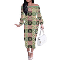 Seamless Pattern Maile and Pikake Lei Family Matching Off The Shoulder Long Sleeve Dress and Hawaiian Shirt Squares Maile Leaf LT9 Mom's Dress Green - Polynesian Pride