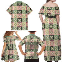 Seamless Pattern Maile and Pikake Lei Family Matching Off Shoulder Maxi Dress and Hawaiian Shirt Squares Maile Leaf LT9 - Polynesian Pride