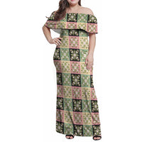 Seamless Pattern Maile and Pikake Lei Family Matching Off Shoulder Maxi Dress and Hawaiian Shirt Squares Maile Leaf LT9 Mom's Dress Green - Polynesian Pride