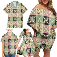 Seamless Pattern Maile and Pikake Lei Family Matching Off Shoulder Short Dress and Hawaiian Shirt Squares Maile Leaf LT9 - Polynesian Pride