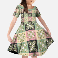Seamless Pattern Maile and Pikake Lei Family Matching Short Sleeve Bodycon Dress and Hawaiian Shirt Squares Maile Leaf LT9 Daughter's Dress Green - Polynesian Pride