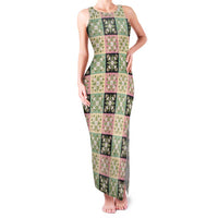 Seamless Pattern Maile and Pikake Lei Family Matching Tank Maxi Dress and Hawaiian Shirt Squares Maile Leaf LT9 Mom's Dress Green - Polynesian Pride