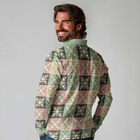 Seamless Pattern Maile and Pikake Lei Long Sleeve Polo Shirt Squares Maile Leaf - Polynesian Pride