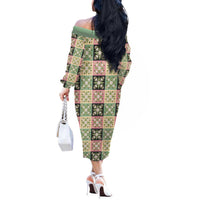 Seamless Pattern Maile and Pikake Lei Off The Shoulder Long Sleeve Dress Squares Maile Leaf - Polynesian Pride